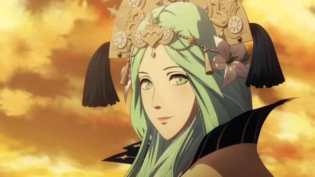 Personagem de cabelo verde-claro e adorno dourado na cabeça, com flor rosa, diante de céu alaranjado em cena animada