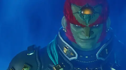 Ganondorf, vilão de The Legend of Zelda: Ocarina of Time, em close sobre fundo azul