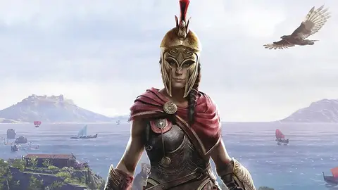 Kassandra de capacete dourado e manto vermelho, com mar, navios e águia ao fundo, em arte de Assassin's Creed Odyssey
