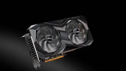 Placa de vídeo ASRock Challenger com dois coolers, fotografada sobre fundo preto em estúdio