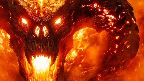 Balrog de O Senhor dos Anéis: Os Anéis do Poder, rosto em chamas com olhos incandescentes cercado de lava