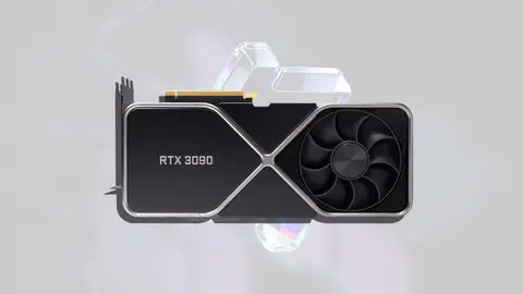 Placa de vídeo NVIDIA GeForce RTX 3090 Founders Edition em fundo cinza claro, com o cooler à direita.