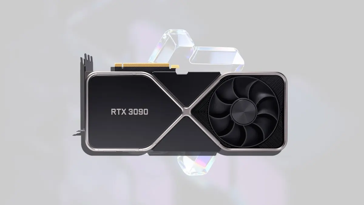 Placa de vídeo NVIDIA GeForce RTX 3090 Founders Edition em fundo cinza claro, com o cooler à direita.