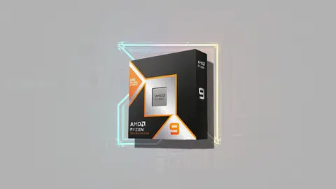 Caixa do processador AMD Ryzen 9 9950X3D sobre fundo cinza com moldura luminosa de circuito
