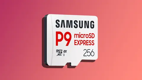 Cartão microSD Samsung P9 Express de 256 GB em fundo degradê vermelho e rosa