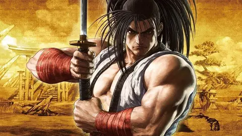 Haohmaru, personagem de Samurai Shodown, empunhando a espada diante de um cenário dourado com templo japonês