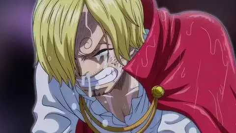 Sanji de One Piece com expressão tensa e dentes cerrados, manto vermelho sobre os ombros, em cena do anime