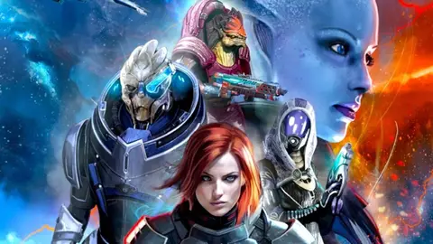 Arte de Mass Effect com Garrus, Tali, Liara e Shepard em cenário espacial azul e laranja