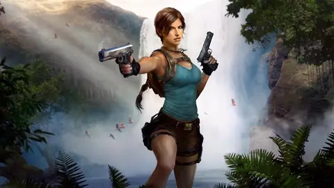 Lara Croft com duas pistolas em cenário de selva com cachoeira, em arte de Shadow of the Tomb Raider