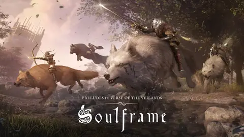 Key art de Soulframe: guerreiros montados em lobos e uma raposa correndo por uma floresta, com o logo do jogo