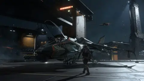 Cena de uma nave capital da Marinha da UEE no espaço, em imagem oficial de Squadron 42