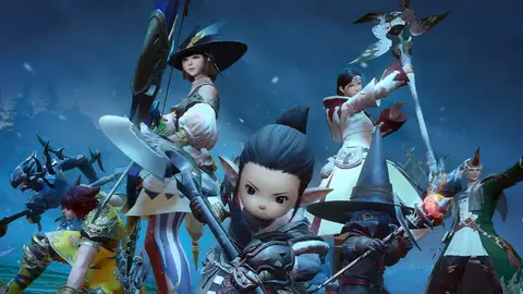 Personagens de Final Fantasy XIV reunidos em cena do jogo, com fundo azul escuro e neve ao fundo