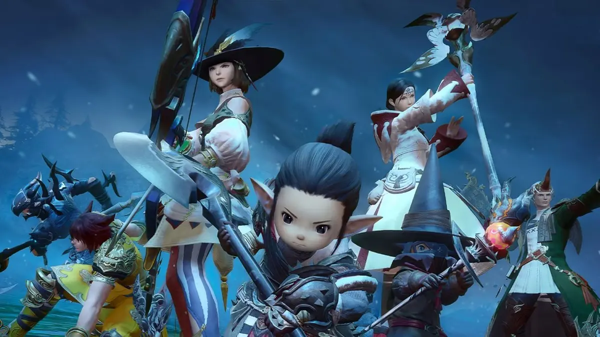 Personagens de Final Fantasy XIV reunidos em cena do jogo, com fundo azul escuro e neve ao fundo