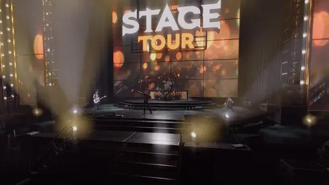 Arte oficial de Stage Tour, jogo de ritmo da RedOctane Games, com guitarra e bateria