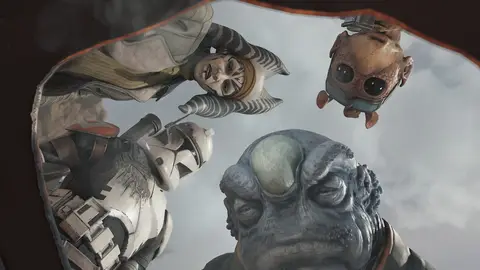 Cena de Star Wars Zero Company: Shaak Ti, um clone e outros personagens olham para a câmera por uma abertura na rocha