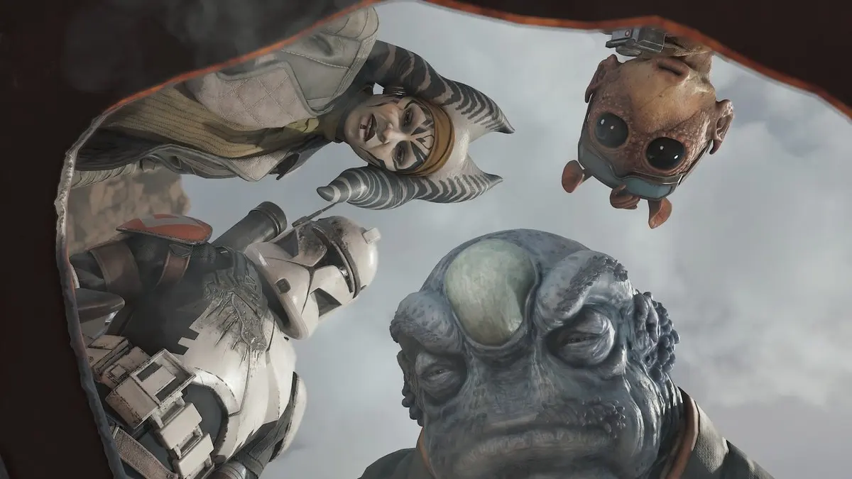 Cena de Star Wars Zero Company: Shaak Ti, um clone e outros personagens olham para a câmera por uma abertura na rocha