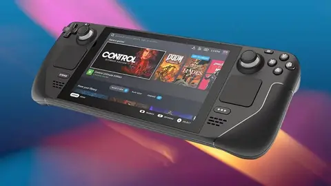 Steam Deck inclinado sobre fundo azul e roxo, com a biblioteca da Steam na tela exibindo Control, DOOM e Hades