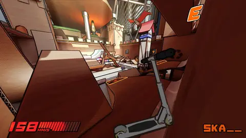 Imagem oficial de Stuntboost, jogo de skate em primeira pessoa com pistas montadas em cômodos de uma casa