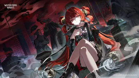 Personagem de cabelo vermelho sentada em cenário sombrio e vermelho, em arte oficial de Wuthering Waves