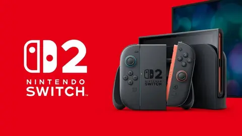 Nintendo Switch 2 em fundo vermelho: console com dock e Joy-Con, ao lado do logo do aparelho