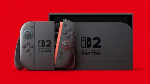 Console Nintendo Switch 2 com Joy-Cons acoplados e a dock, sobre fundo vermelho