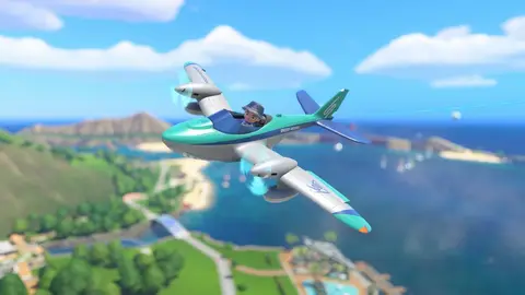 Personagem Mii pilota um hidroavião verde e branco sobrevoando uma ilha tropical com lagoa e resort, em cena do Nintendo Switch Sports Resort