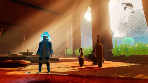 Cena de surfe em mar aberto em Sword of the Sea, jogo da Giant Squid