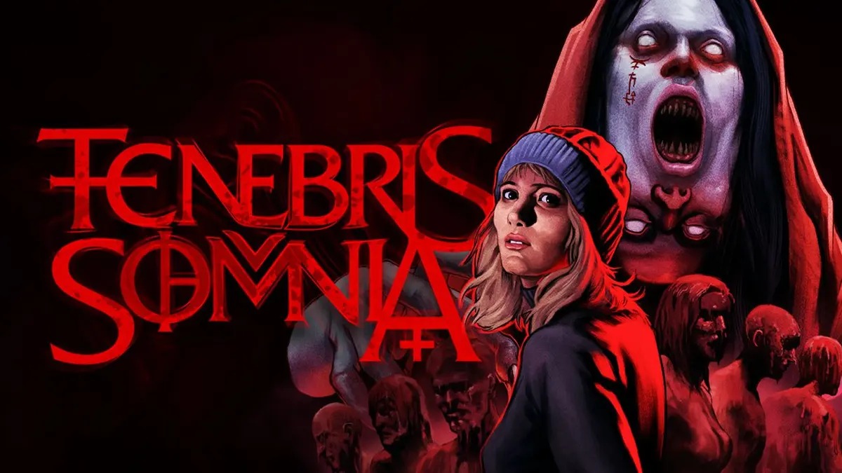 Arte oficial de Tenebris Somnia com a protagonista Julia e criaturas de terror ao fundo