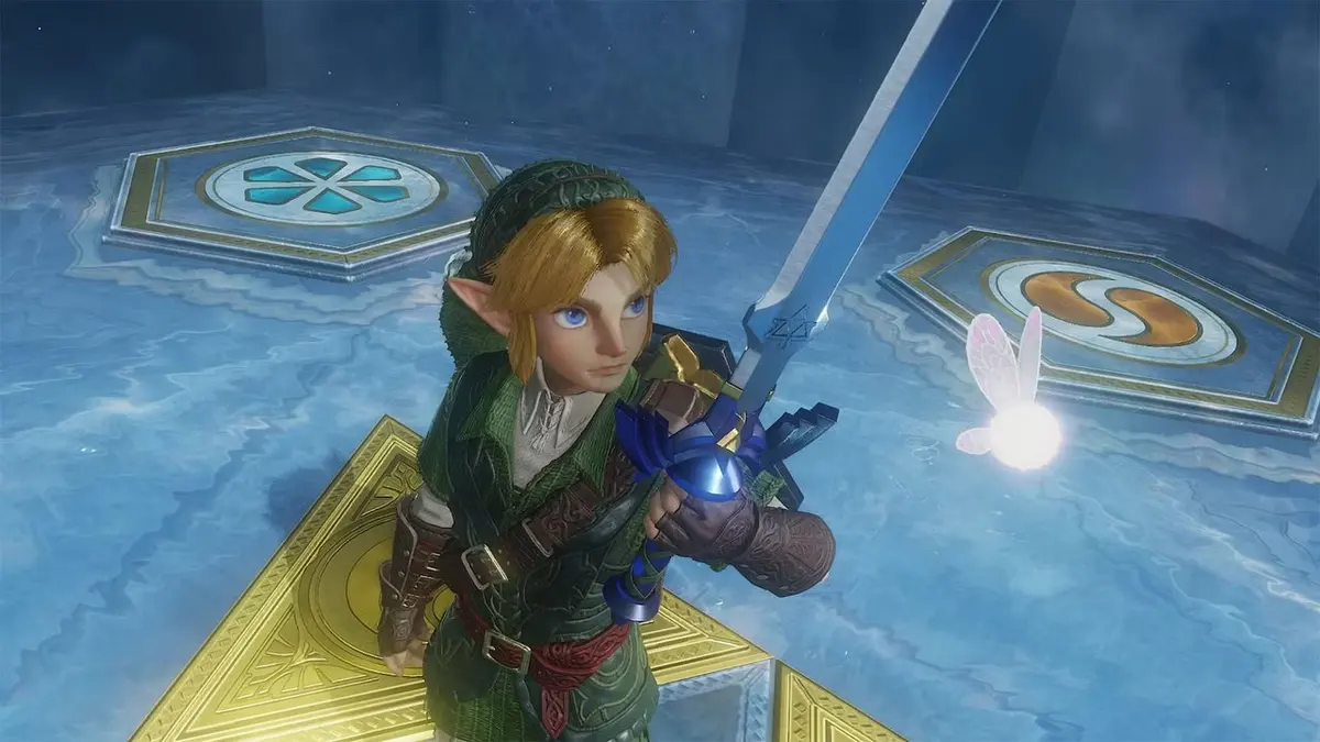 Link empunhando a Master Sword com uma fada brilhante ao lado, em piso azul com símbolos ornamentais dourados e prateados