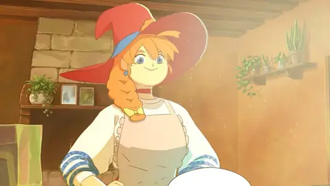 Personagem de chapéu vermelho, trança laranja e avental branco em uma cozinha rústica iluminada, cena de The Witch's Bakery