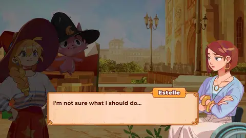 Cena da padaria La Croissant De Lunne em The Witch's Bakery, com a personagem Lunne ao balcão