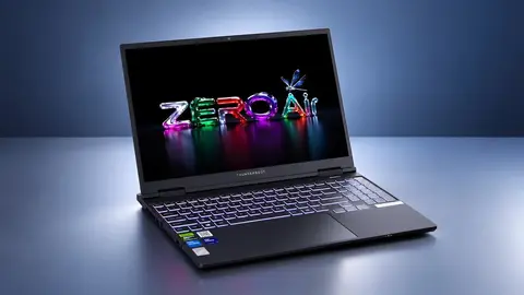 Notebook gamer Thunderobot ZERO Air com tela acesa exibindo o logo ZERO AI, teclado iluminado, fundo azul