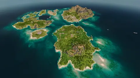 Imagem oficial de Tropico 7 mostrando a ilha de El Presidente com construções e porto