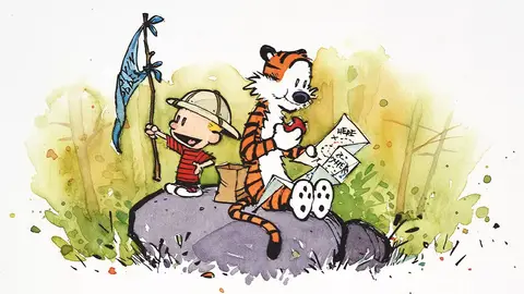 Calvin e Haroldo sentados numa pedra com bandeira azul e mapa, em aquarela, cena de Calvin and Hobbes