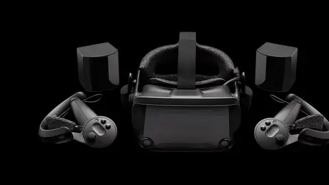 Headset de realidade virtual Valve Index com dois controles e dois sensores de rastreamento sobre fundo preto