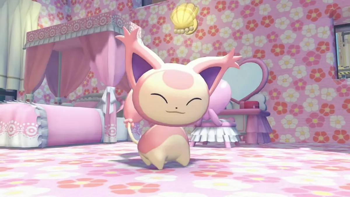Skitty, Pokémon rosa, em um quarto com papel de parede floral e cama de dossel, em cena de jogo