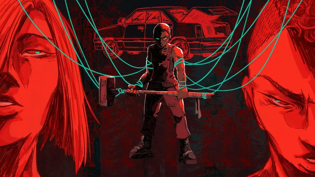Personagem empunhando marreta no centro, carro antigo ao fundo e dois rostos laterais em vermelho e ciano, arte estilizada