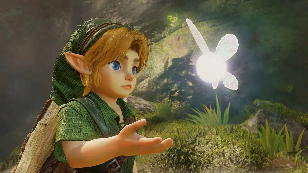 Link jovem com uma fada brilhante numa floresta verde, cena de The Legend of Zelda