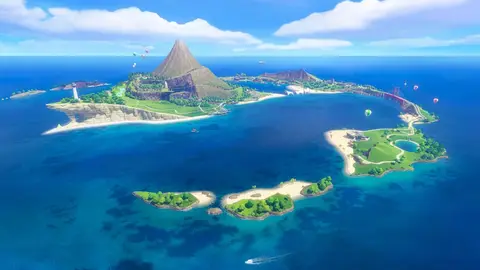 Ilha Wuhu em Nintendo Switch Sports Resort: vista aérea de montanha vulcânica, farol, ponte e balões sobre o mar azul
