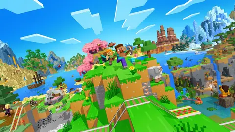 Steve e Alex no alto de uma colina do Minecraft, com árvore rosa, lagos e montanhas ao fundo
