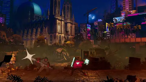 Cena de Sky Dust com combate nas ruas de uma São Paulo futurista, com a Catedral da Sé ao fundo
