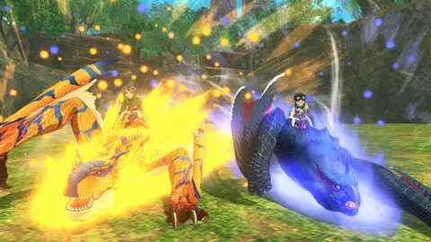 Arte oficial de Monster Hunter Stories 2: Wings of Ruin com o protagonista e o monstro Rathalos