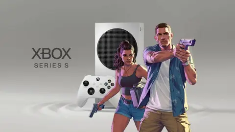 Console Xbox Series S branco com controle, ao lado de dois personagens ilustrados de GTA VI, um apontando uma arma