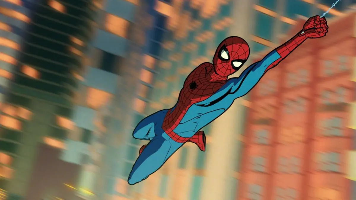 Homem-Aranha em estilo animado voando entre prédios iluminados, com a teia saindo da mão, fundo desfocado
